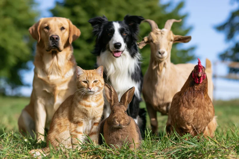 Six farm animals posed together on a grass field in daylight
