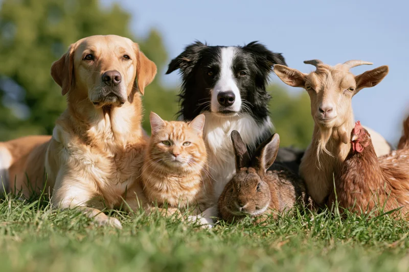 Group of six domestic animals posing together on a grassy field