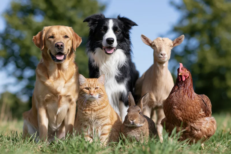 Six farm and pet animals posing together on a grassy field
