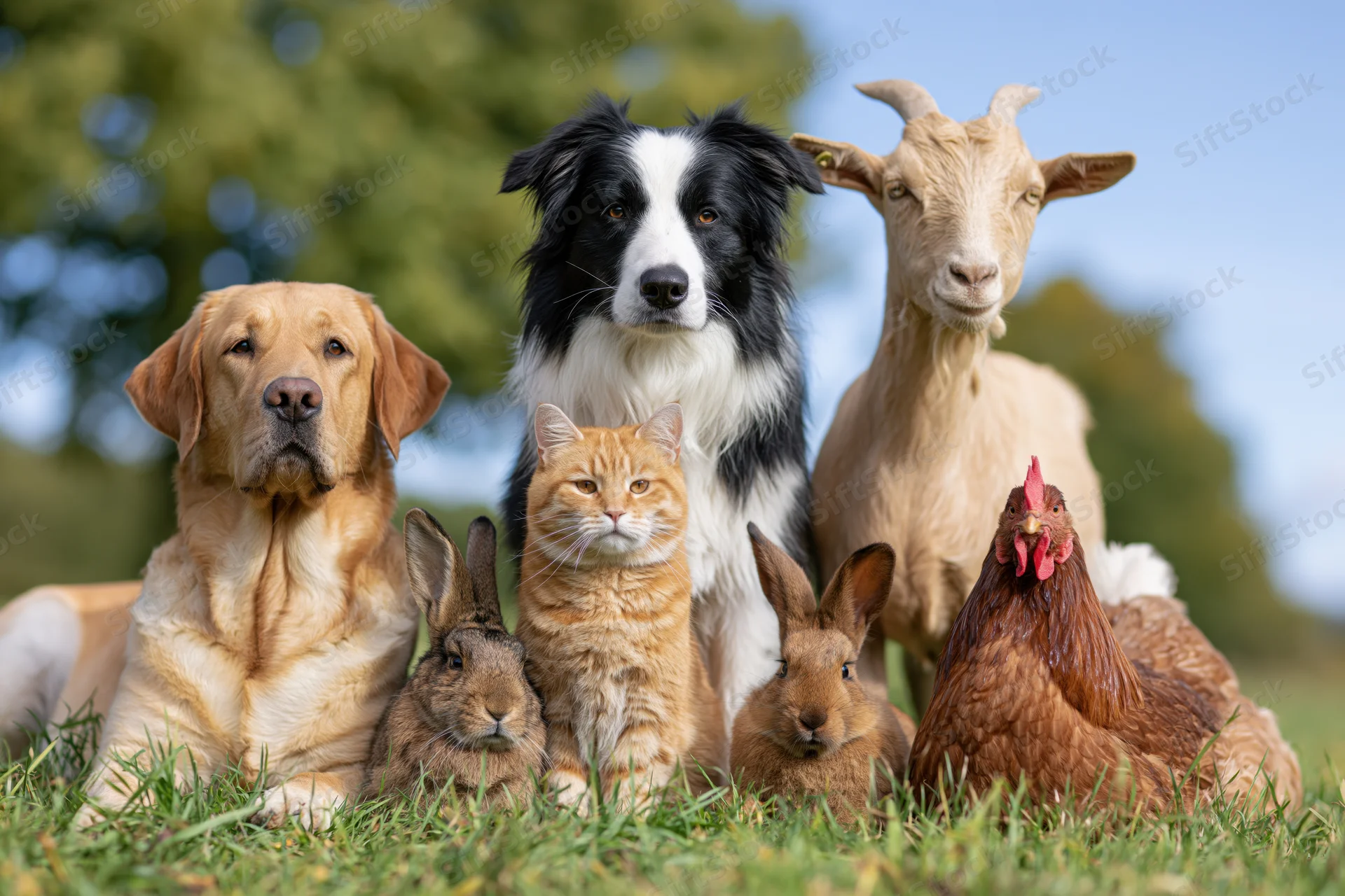 Group of six domestic animals posing together on a grassy field under sunlight