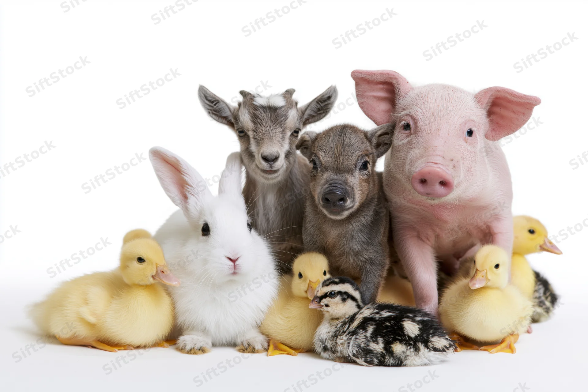 Group of young farm animals including piglet, ducklings, rabbit, goat, and calf posed together on white background