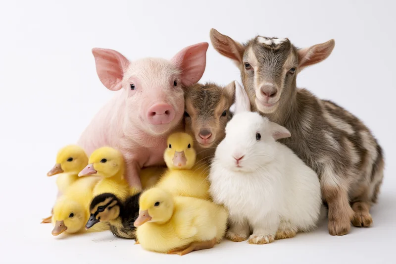 Group of young farm animals including piglets, ducklings, goats, and a rabbit posed together on a white background