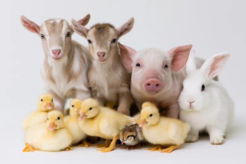 Group of young farm animals posed together on plain white background