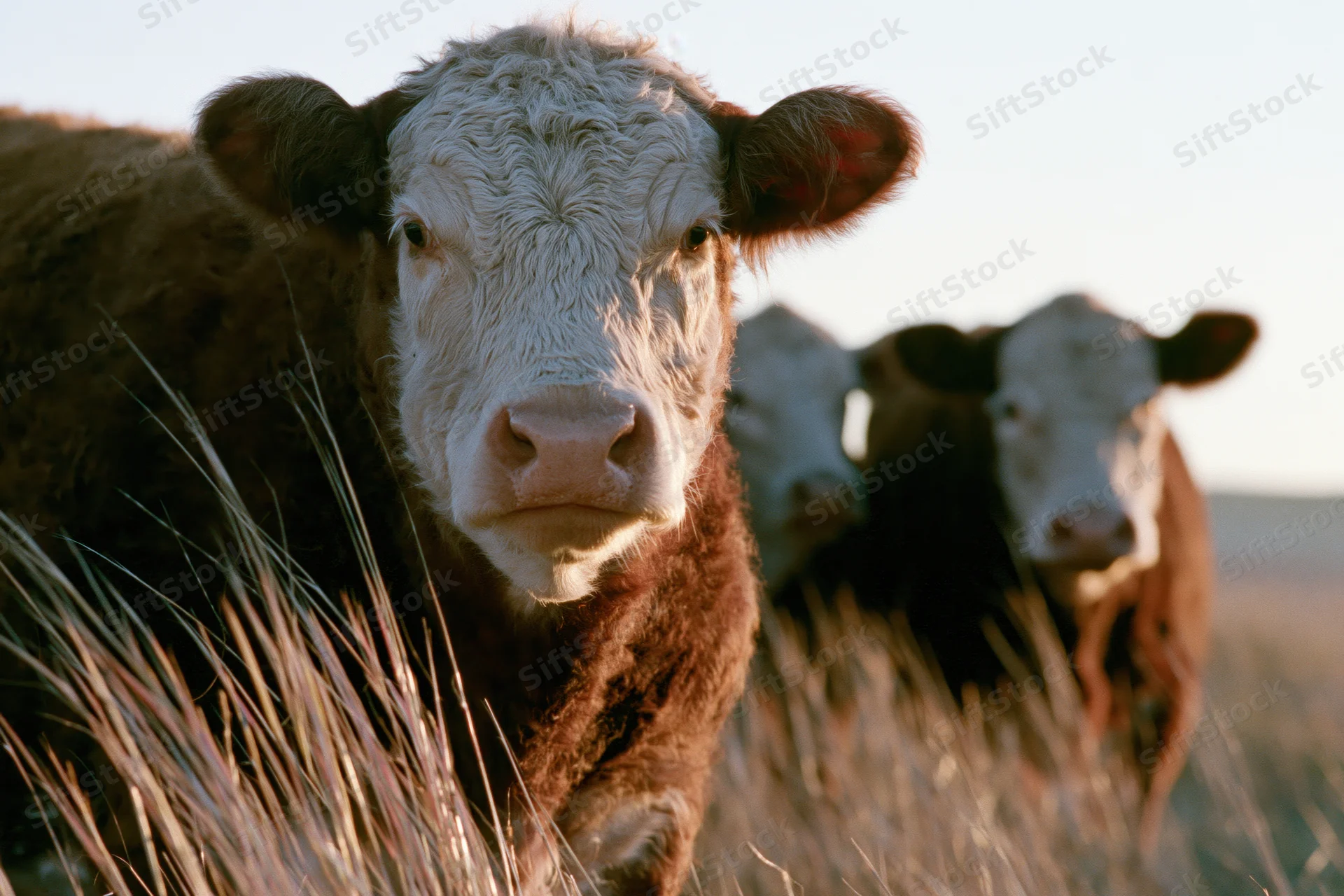 Hereford cow facing camera in a grassy pasture with other cattle in the background