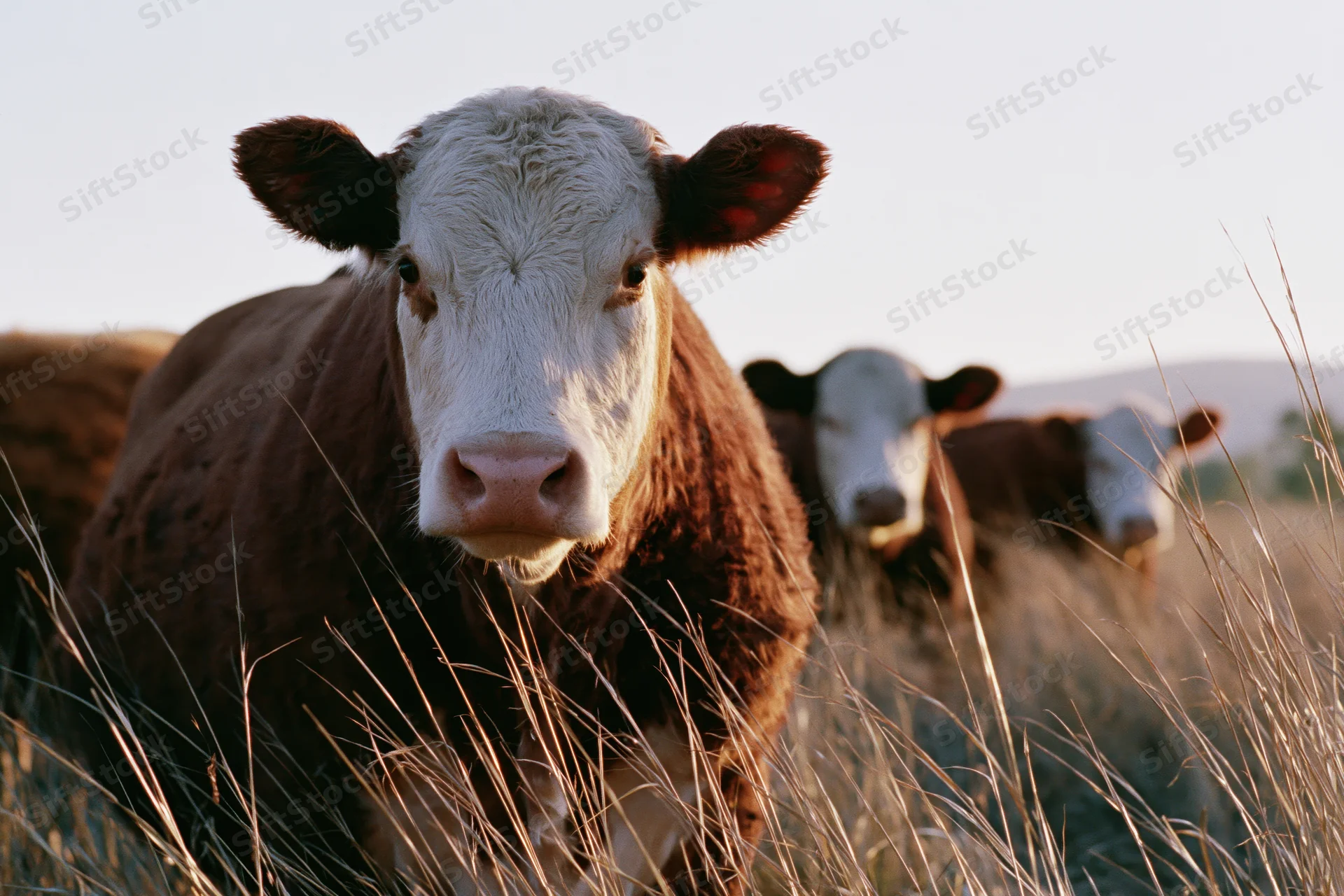 Hereford cow facing camera in tall grass pasture at golden hour