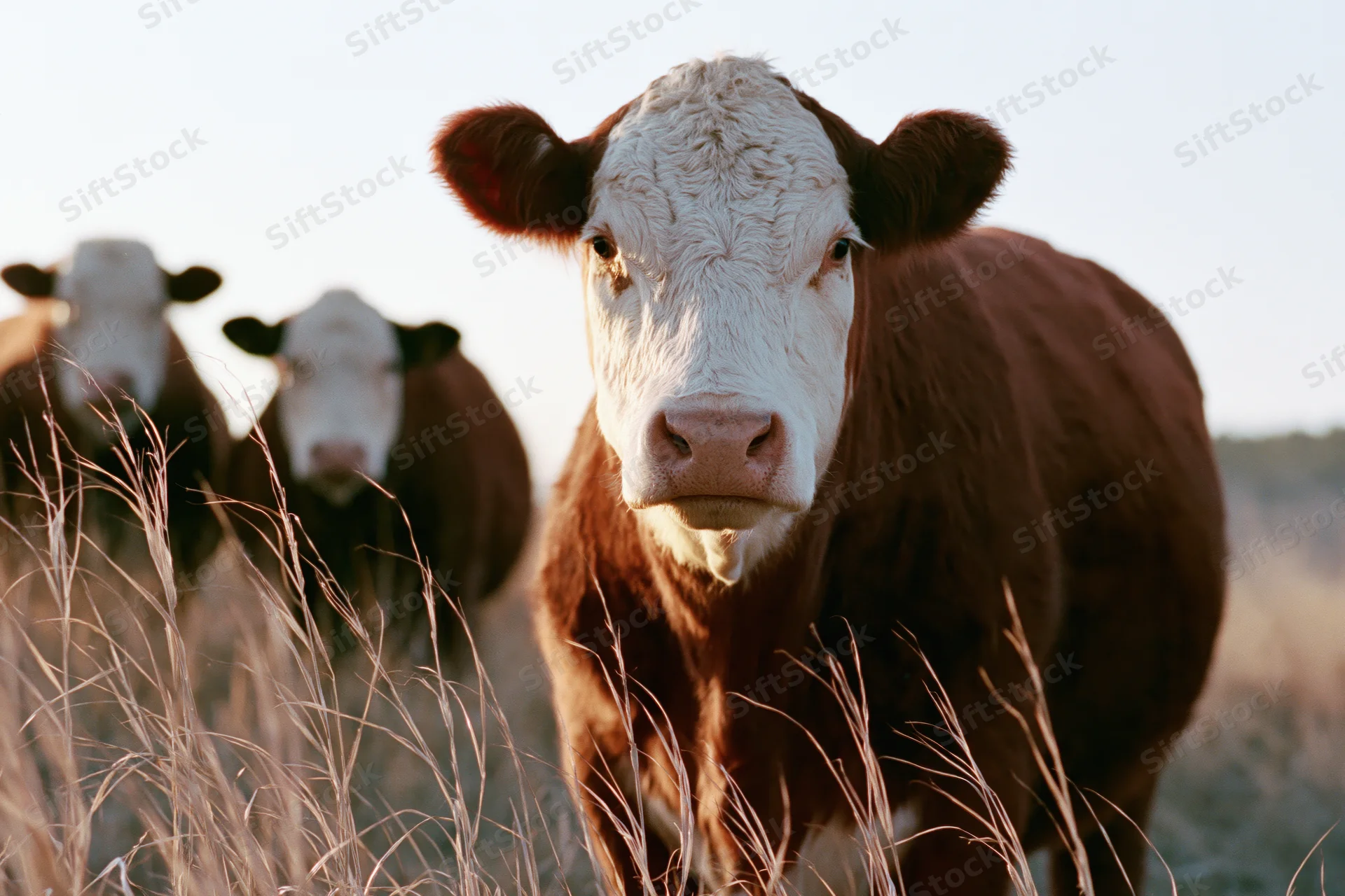 Hereford cow facing camera in a grassy pasture with two other cows behind