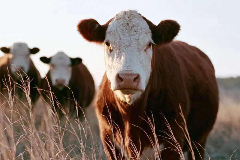 Hereford cow facing camera in a grassy pasture with two other cows behind