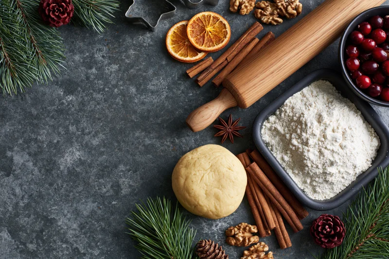 Holiday baking ingredients arranged on dark slate surface with pine and cranberries