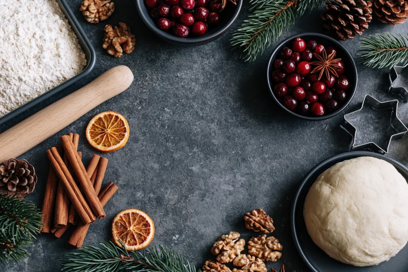 Holiday baking ingredients arranged on dark slate surface with dough, cranberries, cinnamon, walnuts and evergreen decor