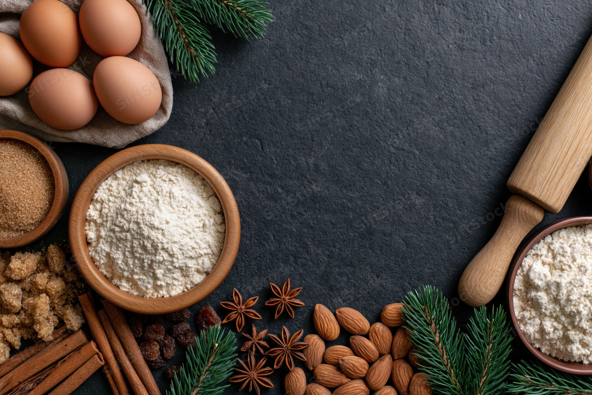 Holiday baking ingredients arranged along the bottom edge of a dark slate countertop with copyspace above