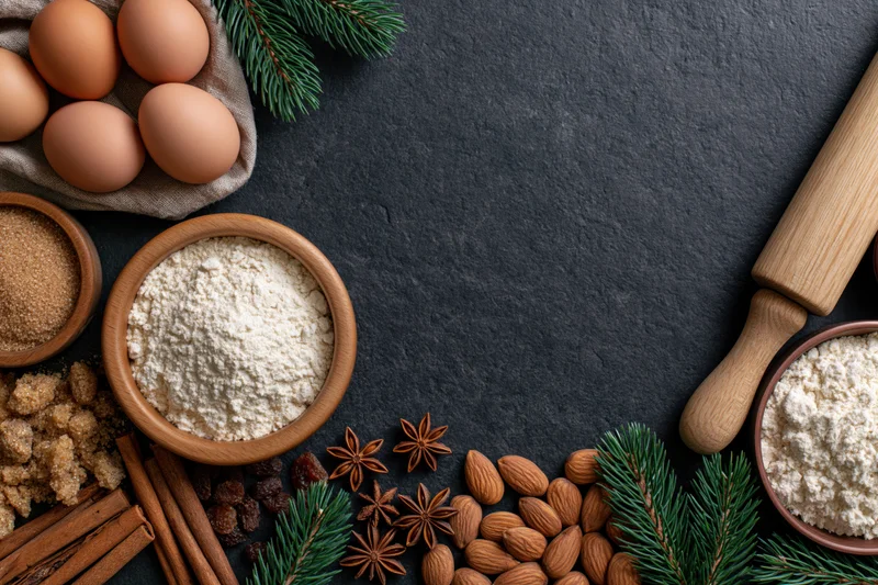 Holiday baking ingredients arranged along the bottom edge of a dark slate countertop with copyspace above