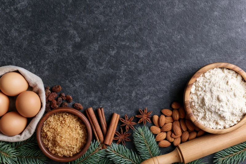 Holiday baking ingredients arranged along the bottom edge of a dark countertop with pine branches and a rolling pin