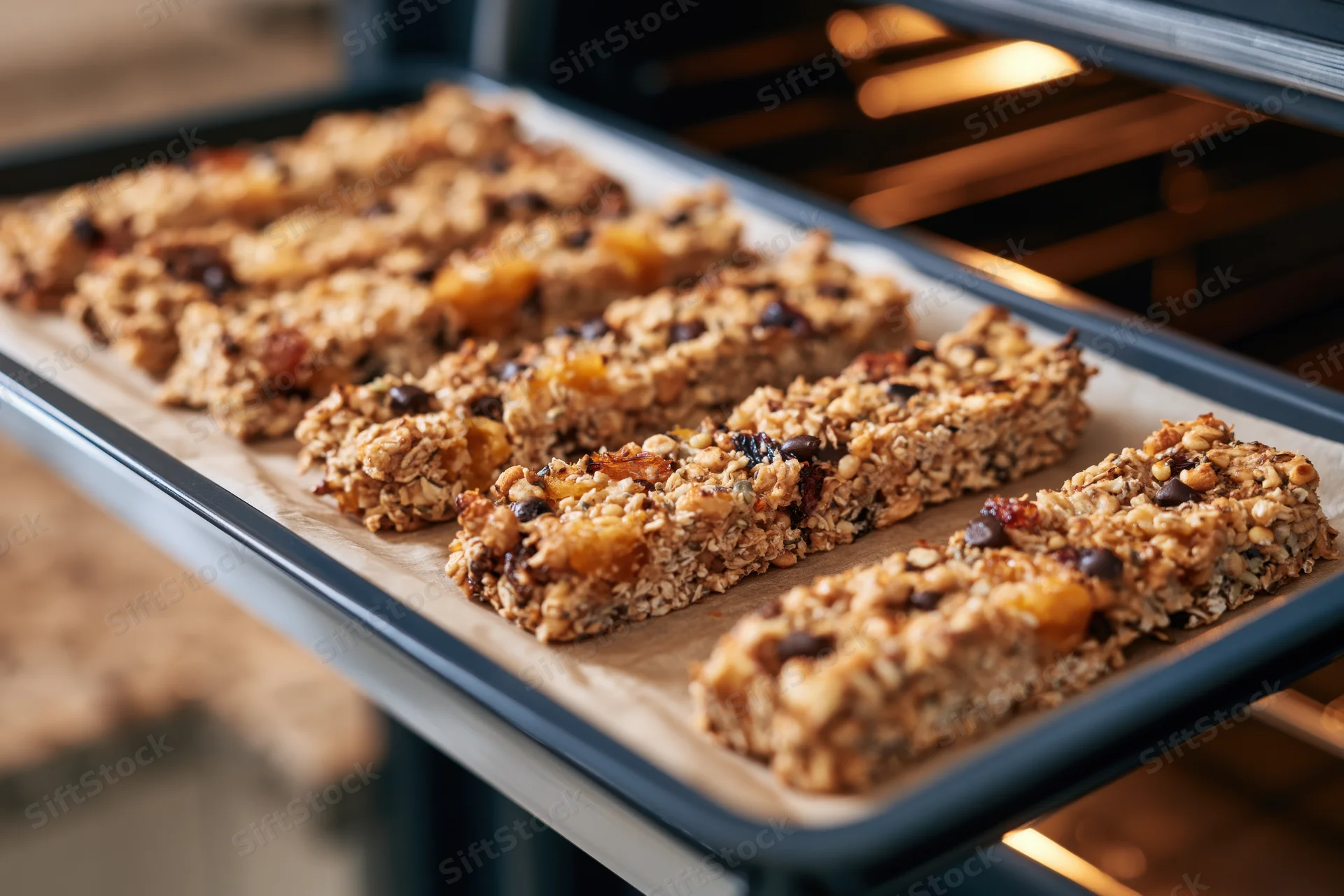 Homemade granola bars arranged in rows on parchment-lined baking tray inside oven