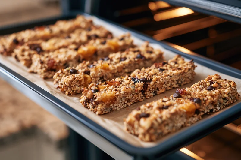 Homemade granola bars arranged in rows on parchment-lined baking tray inside oven