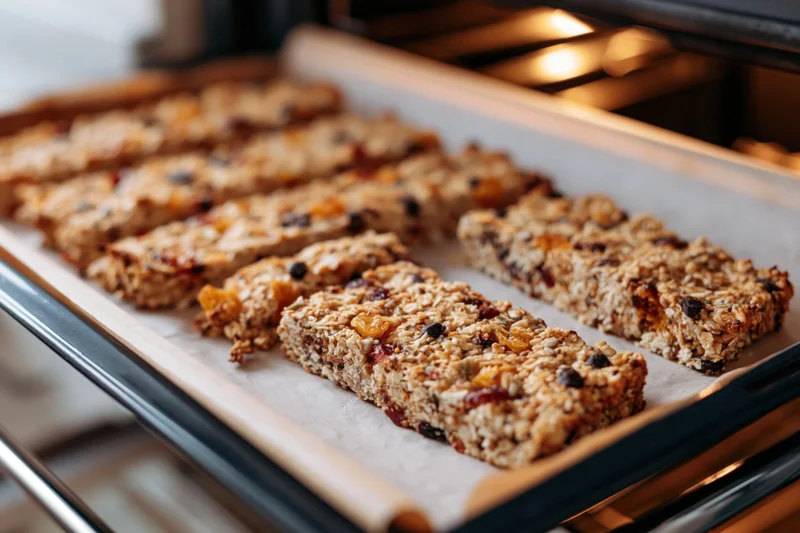 Homemade granola bars arranged in rows on parchment-lined baking tray inside oven