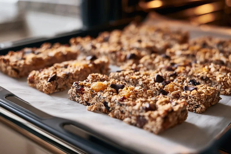 Homemade granola bars arranged in rows on parchment-lined baking tray in kitchen