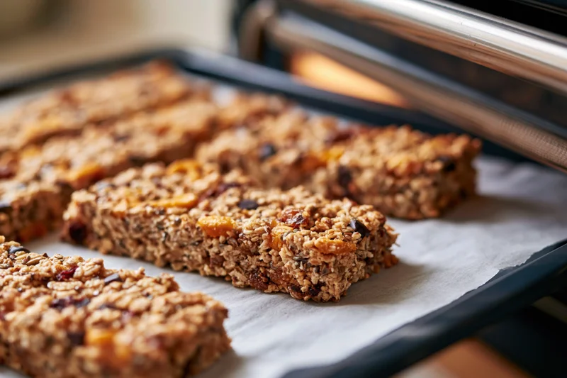 Homemade granola bars arranged in rows on parchment-lined baking tray near oven