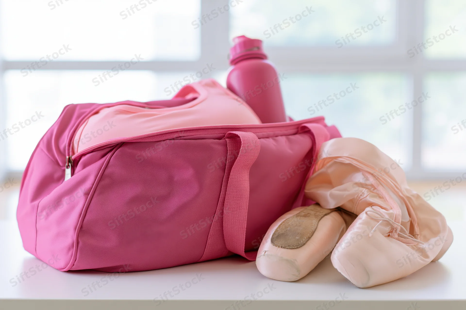 Pink gym bag with ballet pointe shoes and water bottle on white table near window