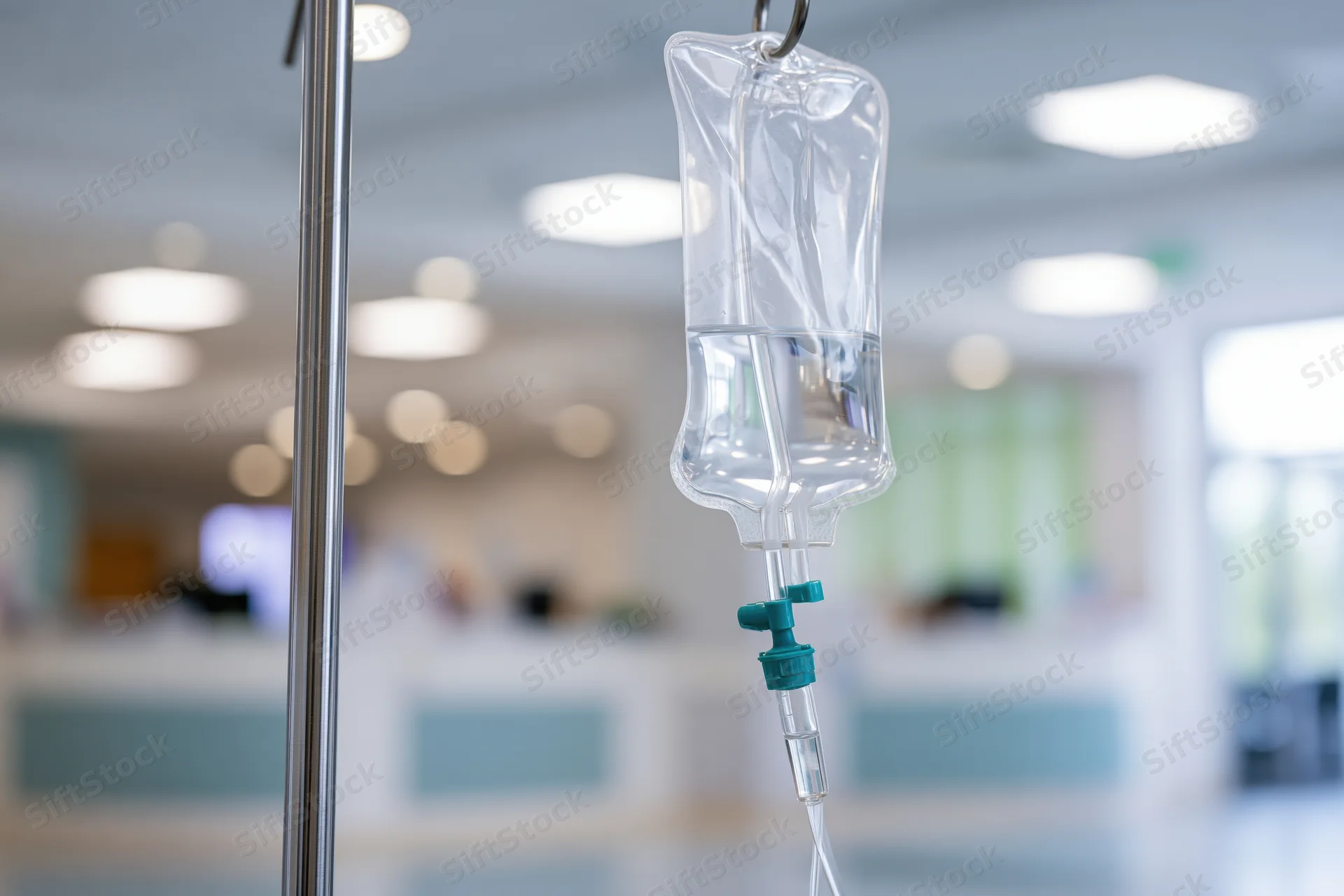 Iv saline drip bag hanging from stainless steel pole in hospital room