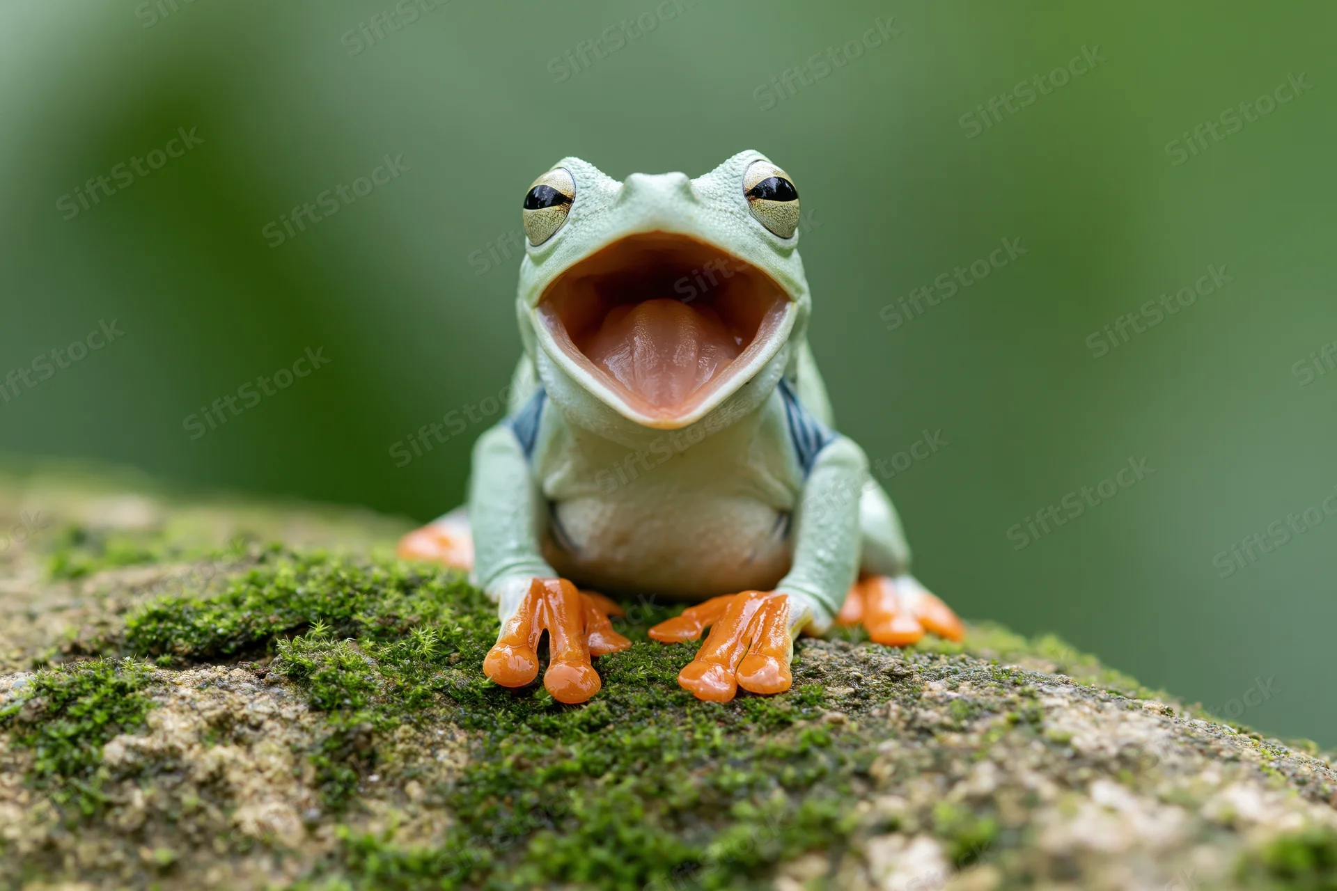 Javan gliding tree frog perched on moss-covered rock with mouth open and tongue visible