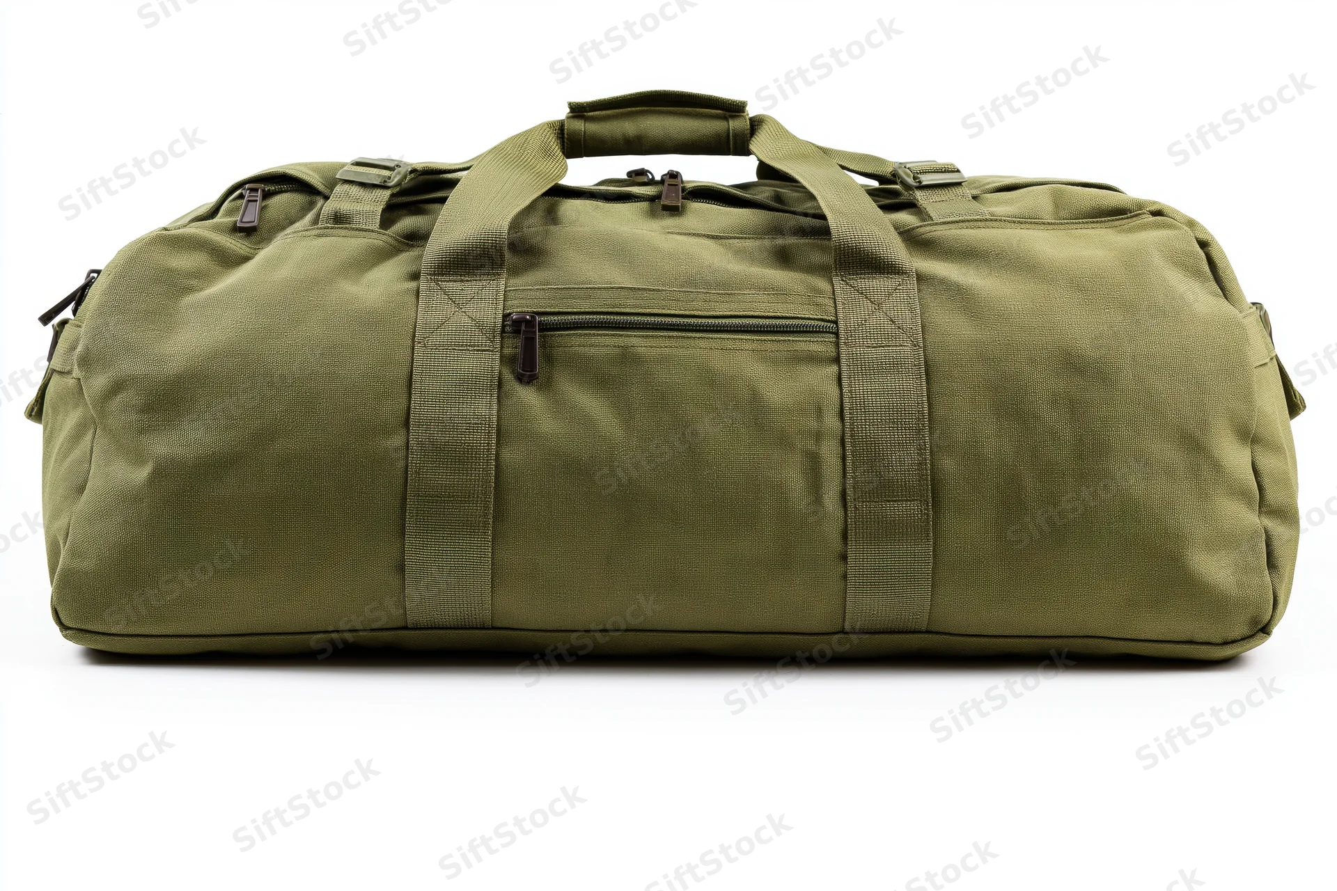 Olive drab military duffel bag lying flat on white background