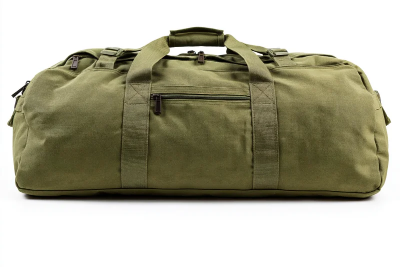 Olive drab military duffel bag lying flat on white background
