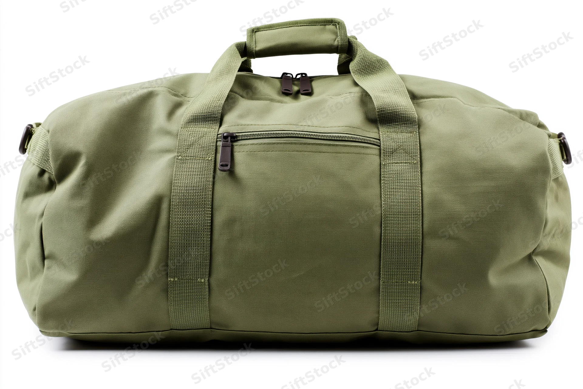 Olive drab military duffel bag lying flat with straps and zipper on white background
