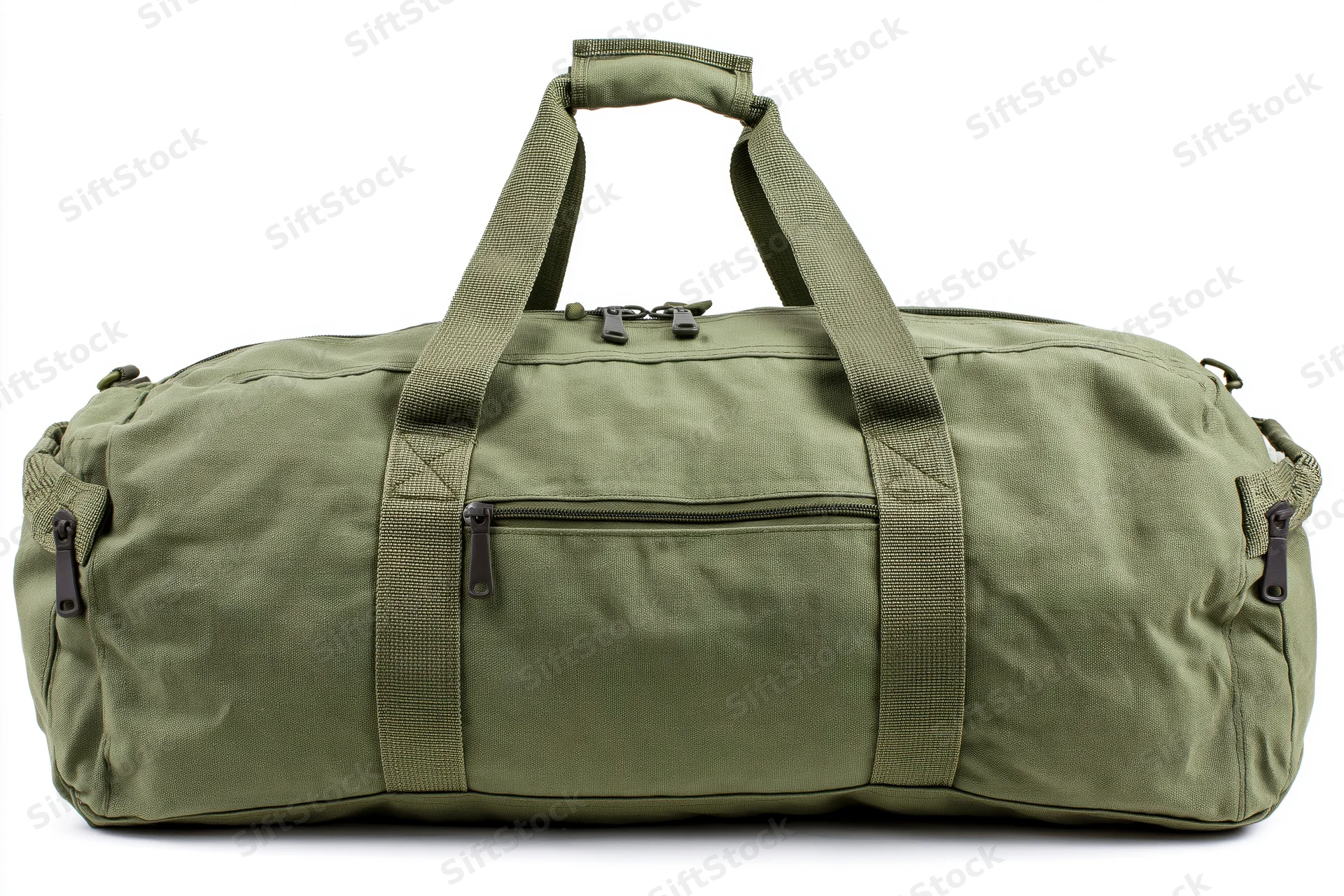 Olive drab military duffel bag lying flat on white background