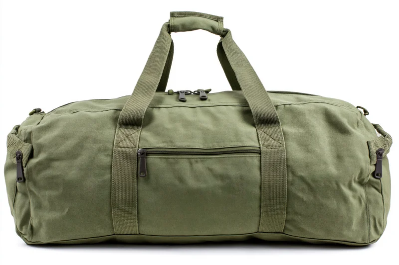Olive drab military duffel bag lying flat on white background