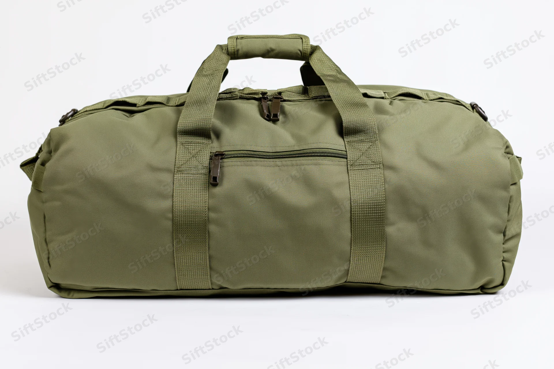 Olive drab military duffel bag lying flat on white background