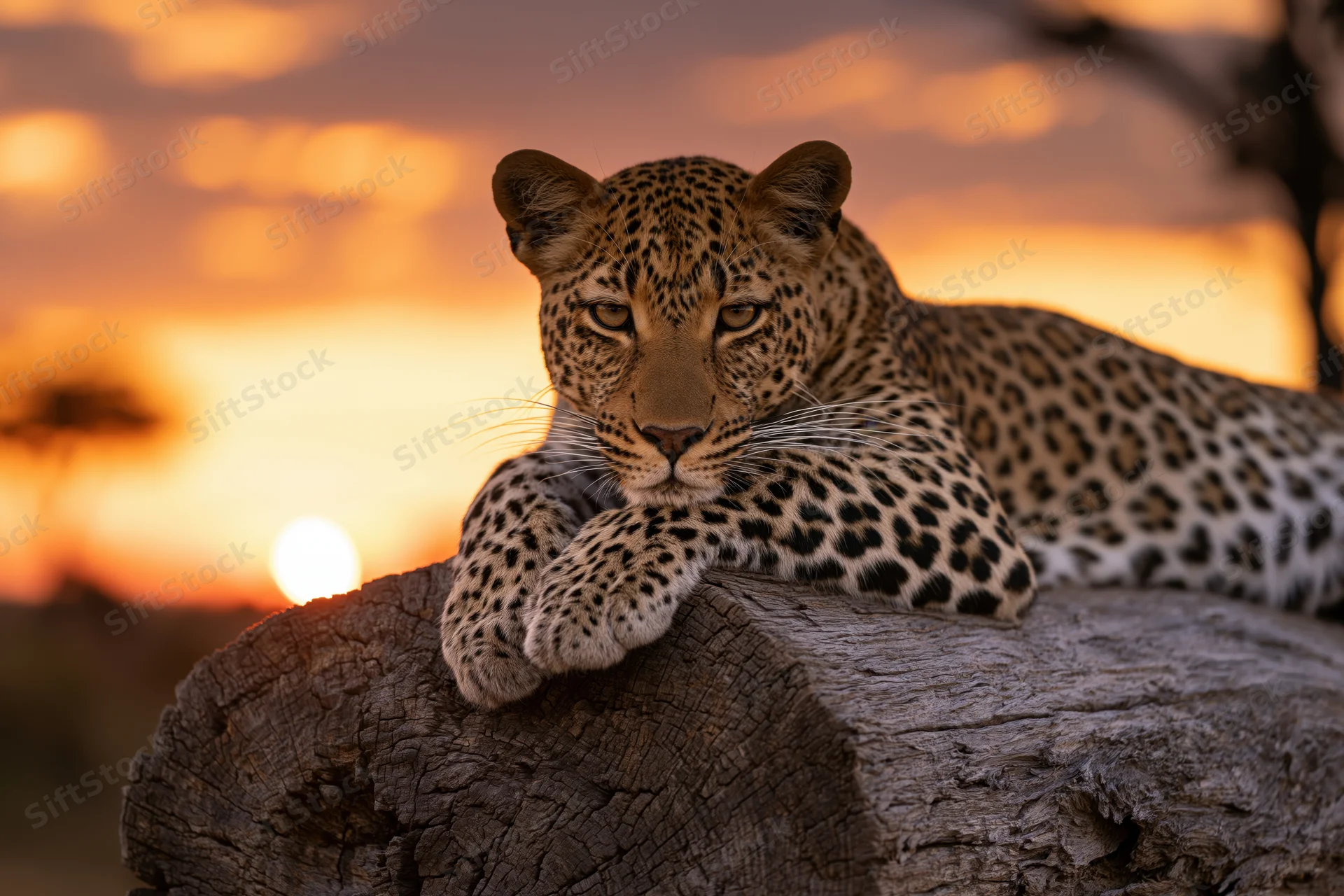 Leopard resting on a log at sunset in the savanna