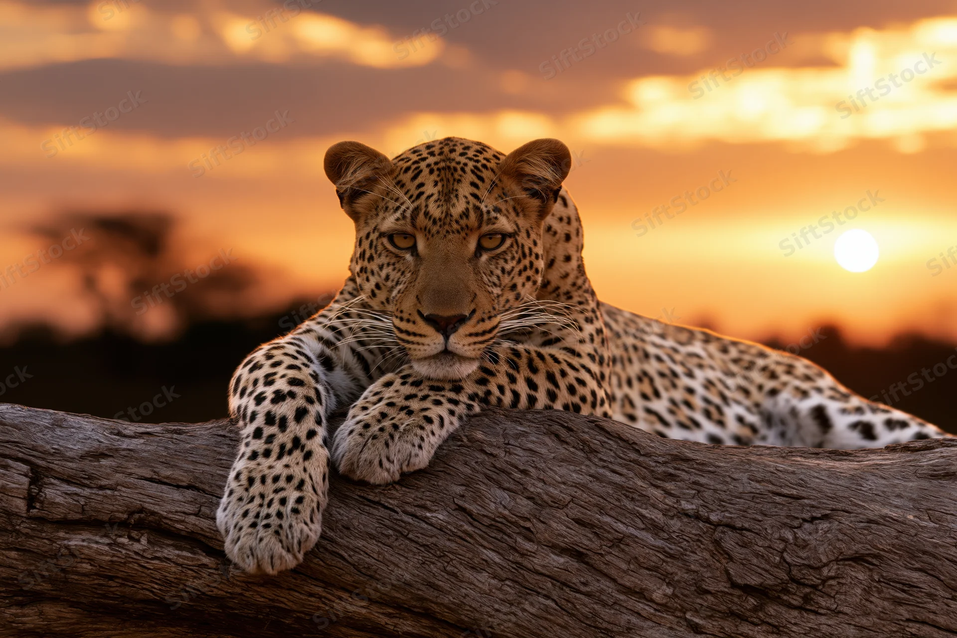 Leopard resting on a log at sunset in the savanna