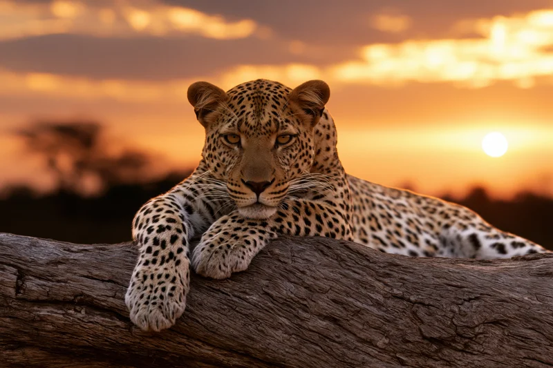 Leopard resting on a log at sunset in the savanna