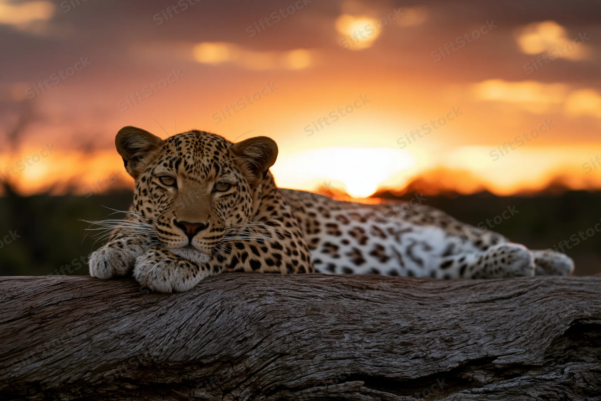 Leopard resting on a wooden log at sunset