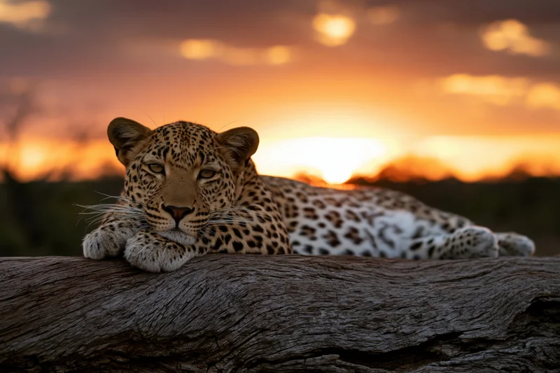 Leopard resting on a wooden log at sunset