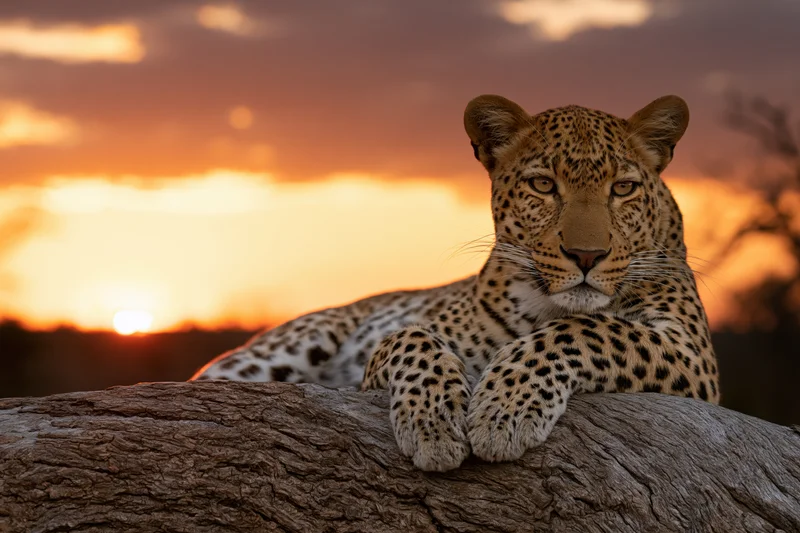 Leopard resting on a log at sunset in the savanna
