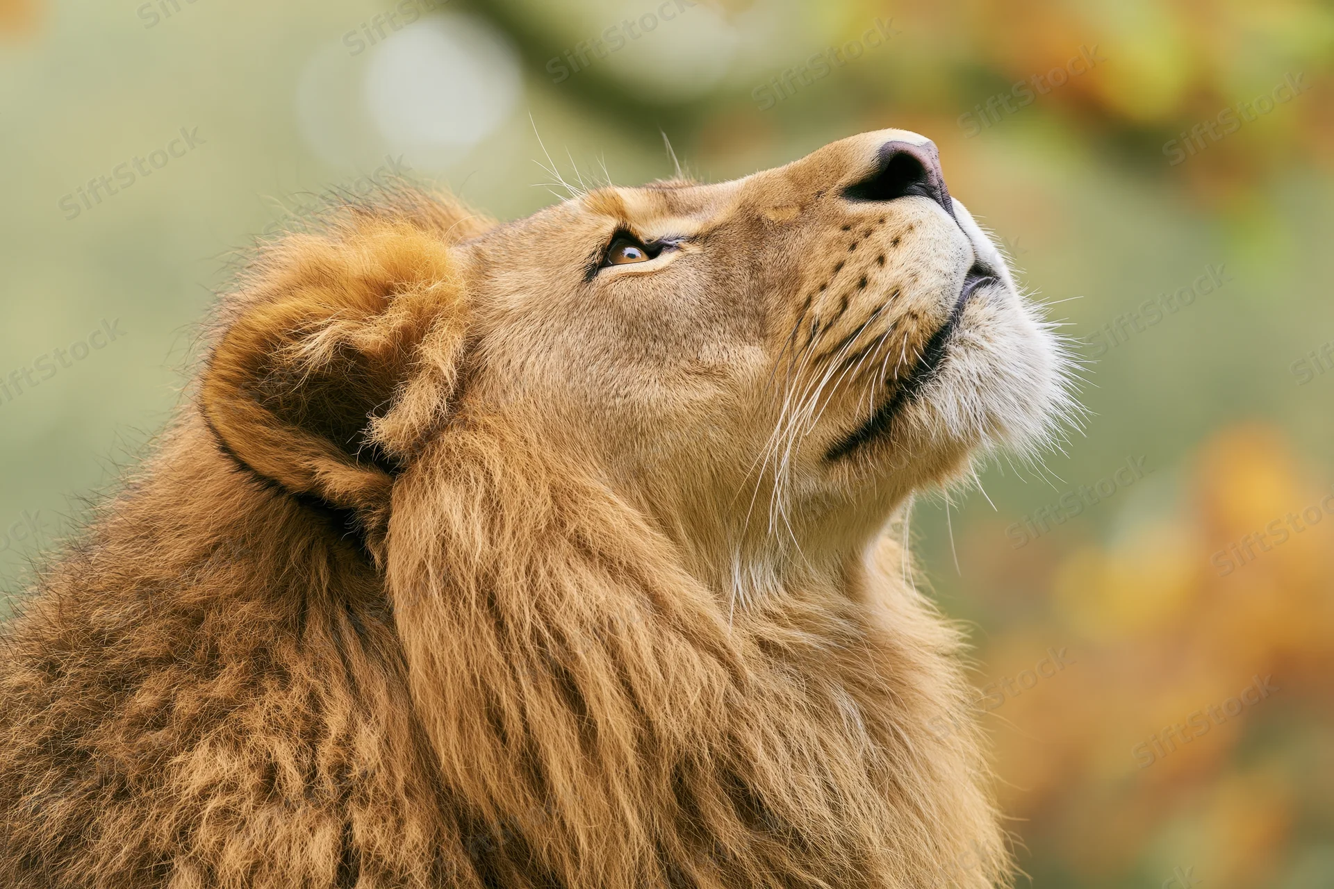 Male lion gazing upward in profile close-up with mane and golden fur