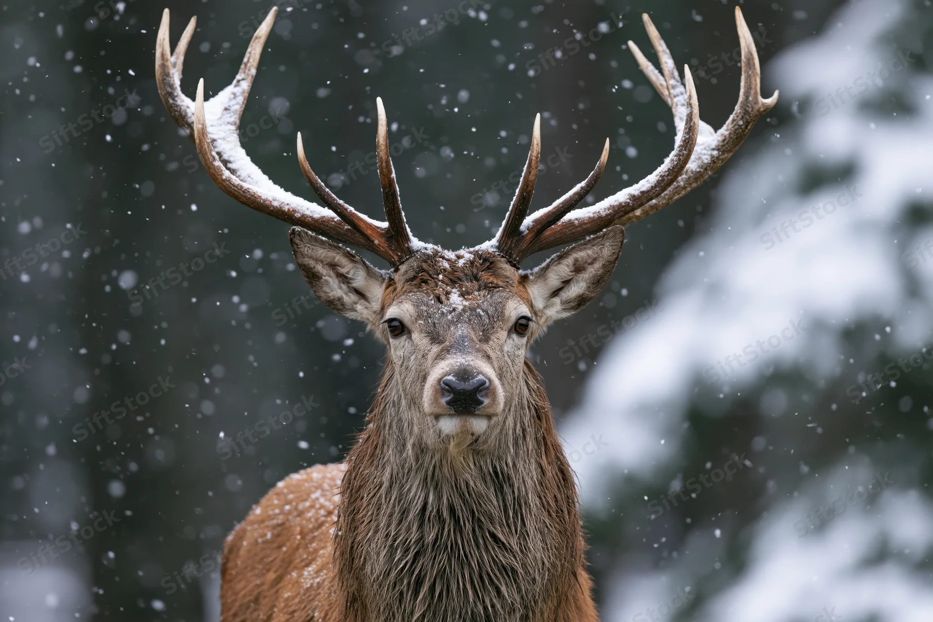 Male red deer stag facing camera in snowy forest