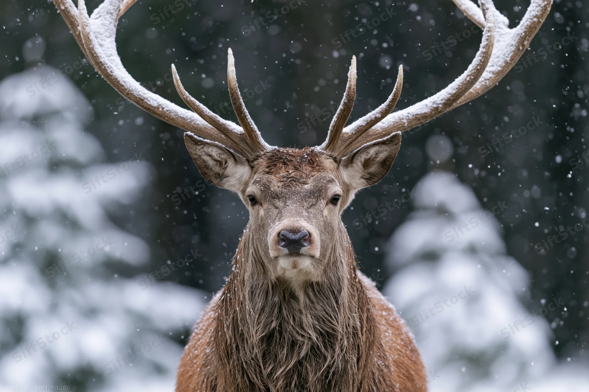 Male red deer stag facing camera in snowy forest with snow falling on antlers and fur