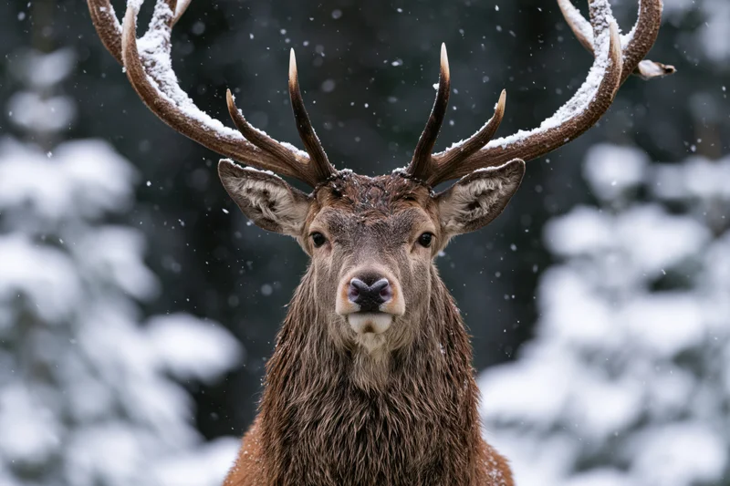 Male red deer stag facing camera in snowy forest with snow-covered antlers