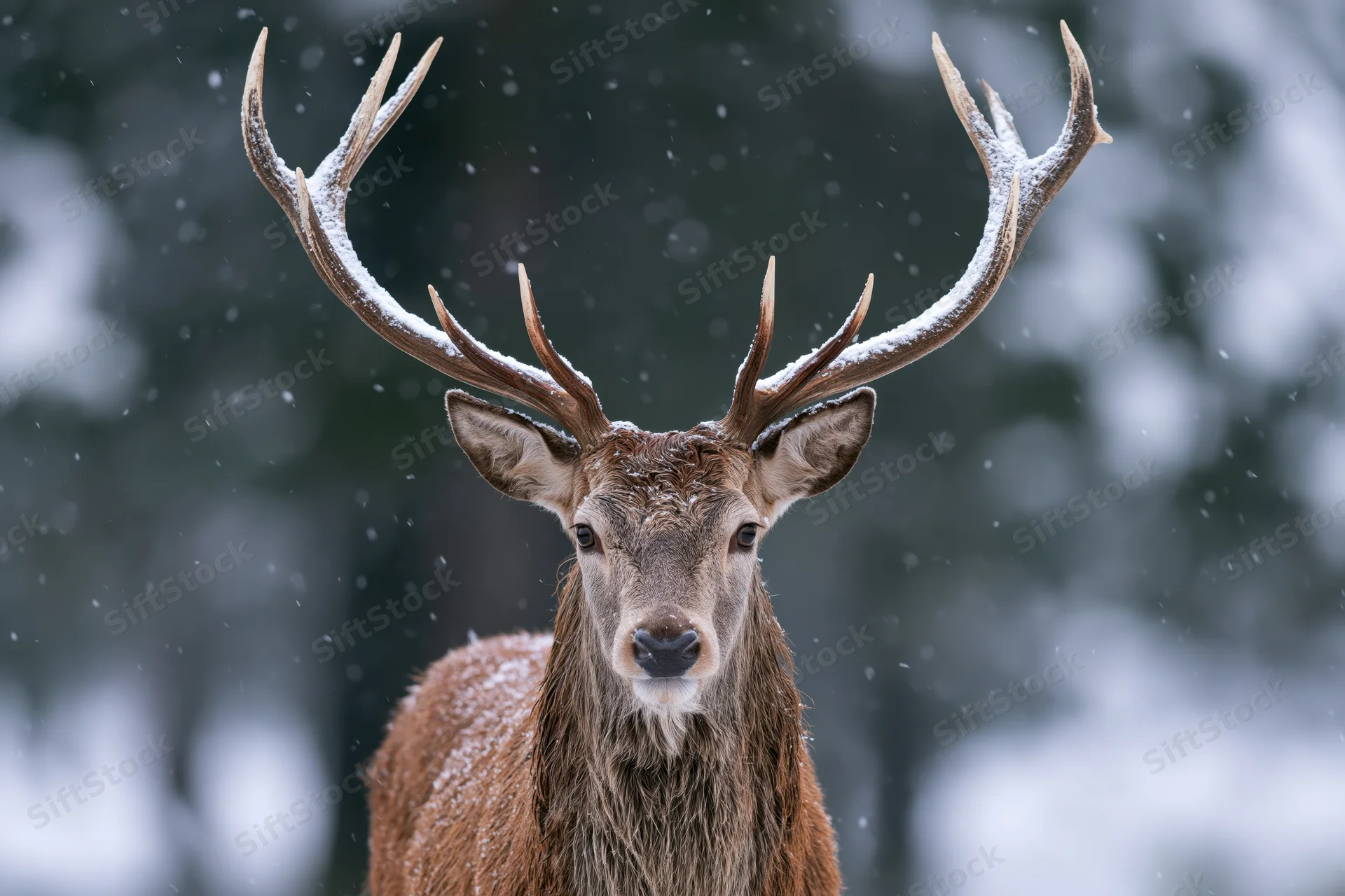 Male red deer stag facing camera in snowy forest