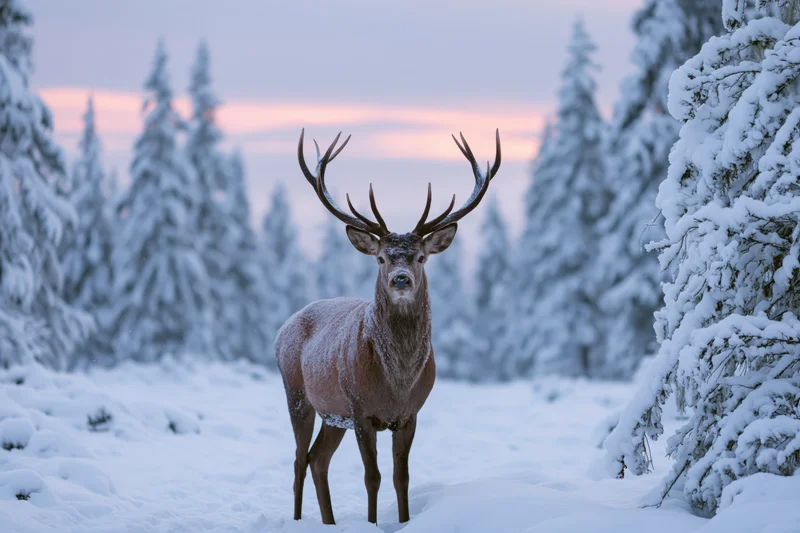 Male red deer with large antlers standing still in a snow-covered forest at twilight