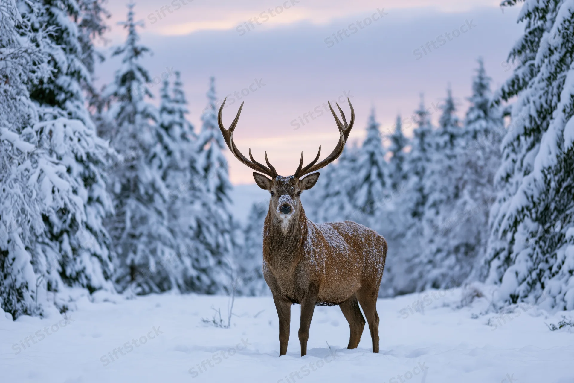 Male red deer with large antlers standing still in snowy forest at twilight