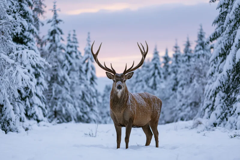 Male red deer with large antlers standing still in snowy forest at twilight