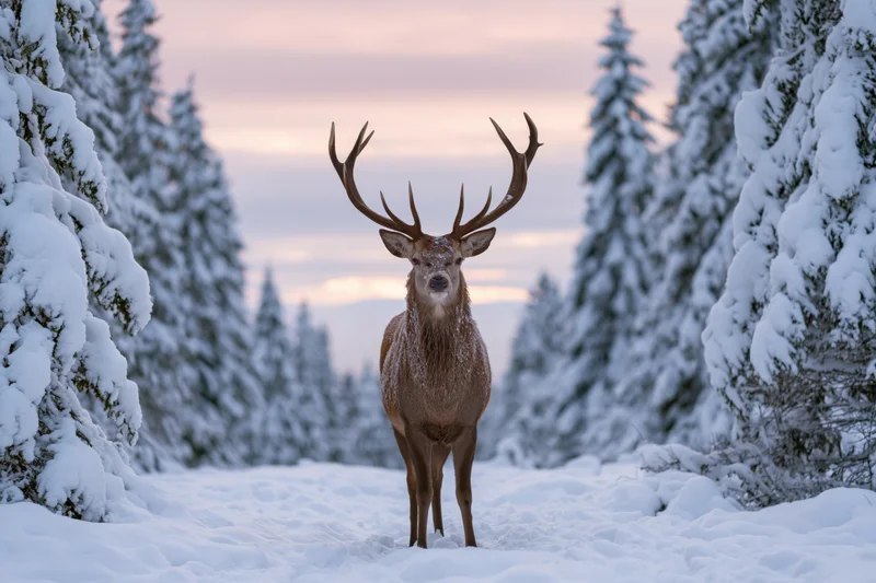 Male red deer with large antlers standing still in a snow-covered forest path