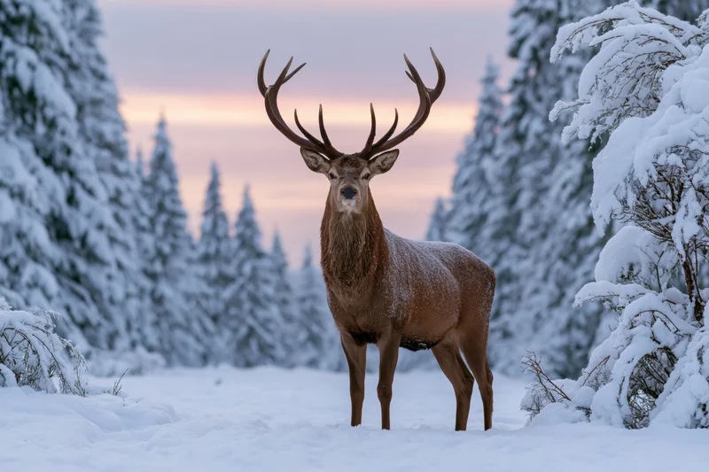 Male red deer with large antlers standing still in a snow-covered forest at twilight