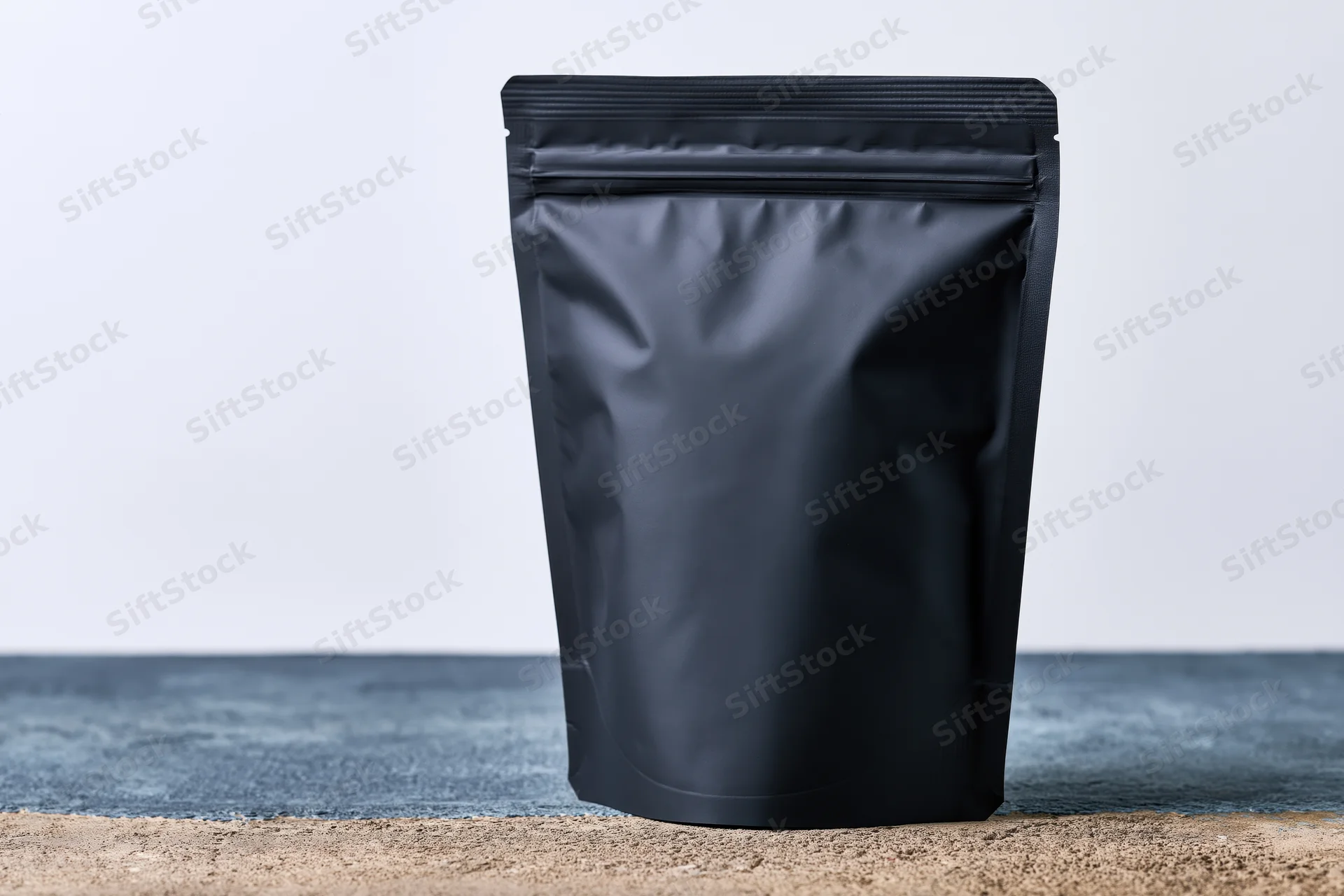 Matte black standup coffee pouch with zip closure on textured surface
