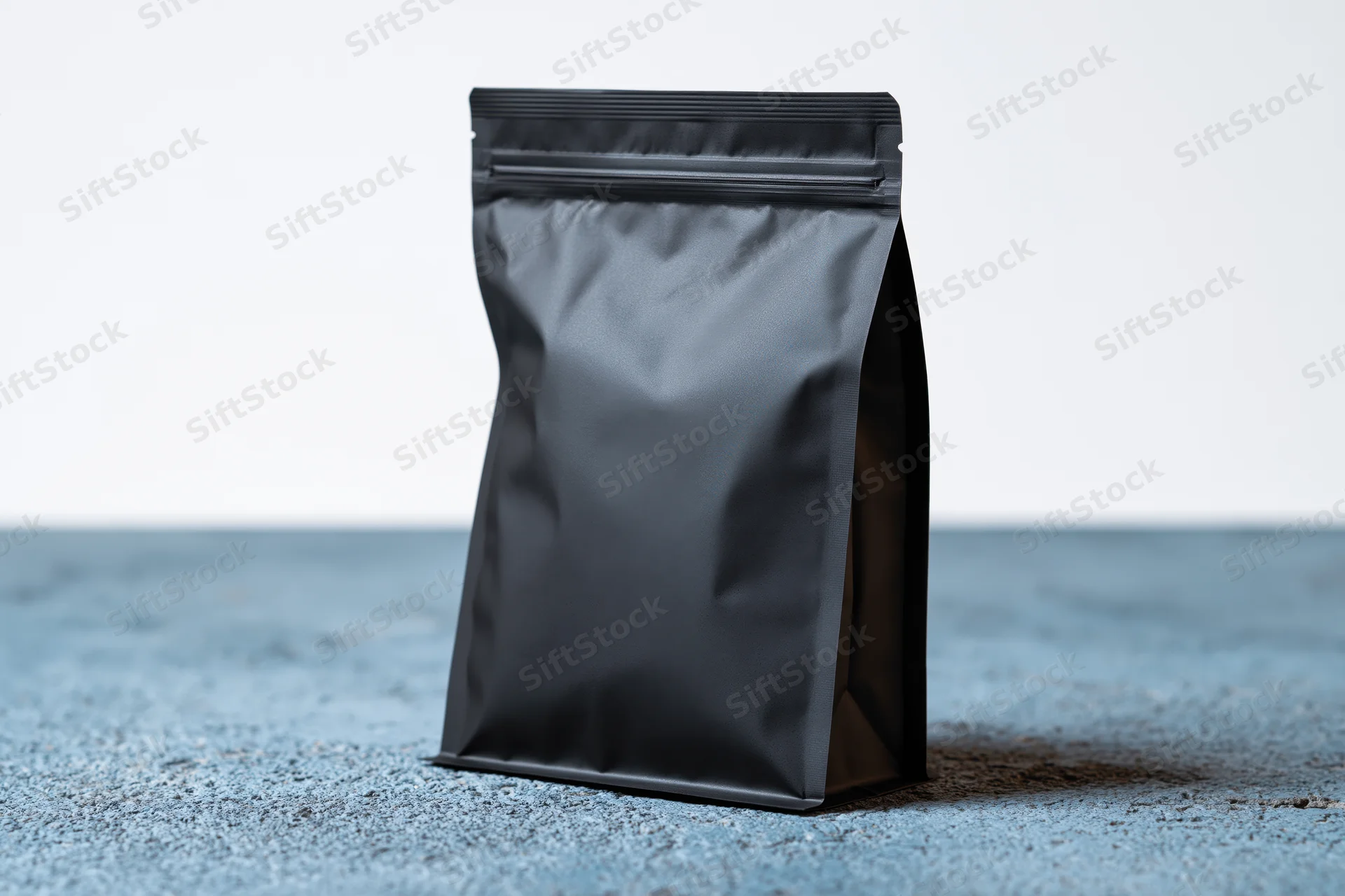 Matte black standup coffee pouch with zip closure on textured blue surface