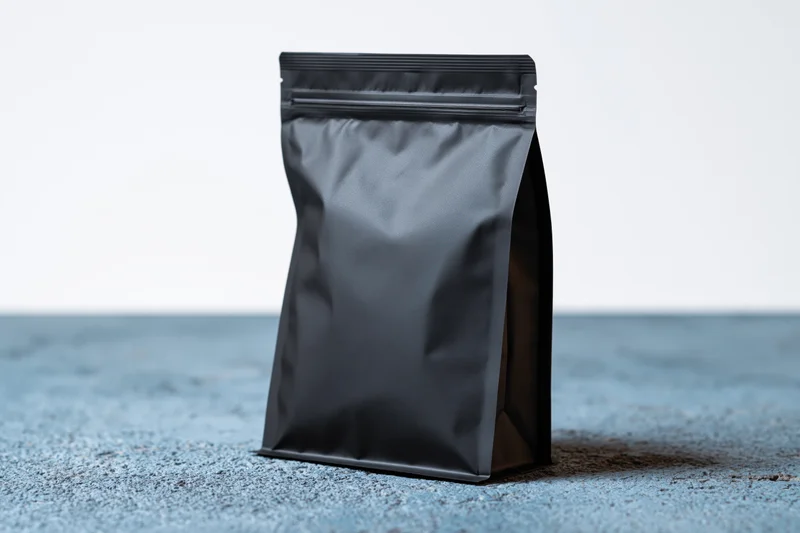 Matte black standup coffee pouch with zip closure on textured blue surface