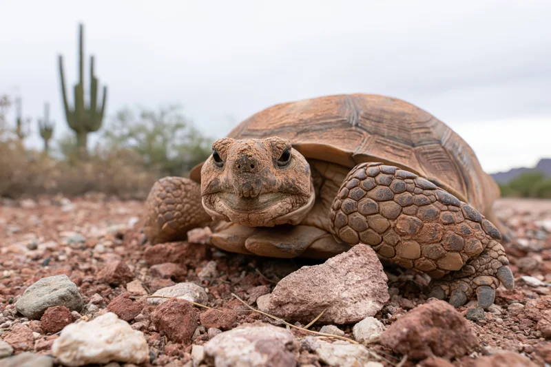 Desert tortoise resting on rocky red soil with saguaro cactus in background